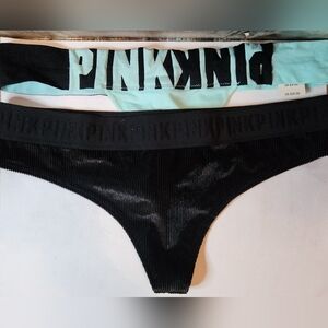 NWT Victoria's Secret PINK Black Rib & Wide Logo Thong Panty Set Lot Of 2 Large